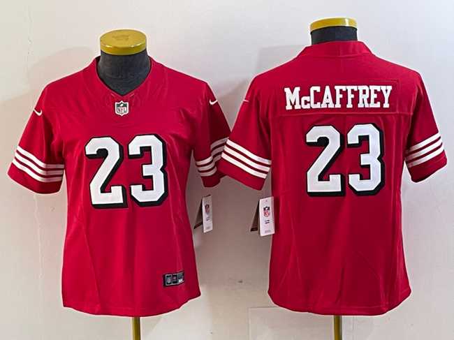 Womens San Francisco 49ers #23 Christian McCaffrey New Red 2023 F.U.S.E. Vapor Untouchable Football Stitched Jersey(Run Small)->women nfl jersey->Women Jersey